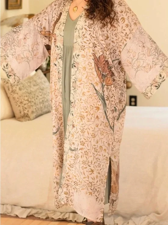 Market of Stars Folklore Opera Floral Botanical Print Kimono Robe with Tie Waist - Picture 4 of 8